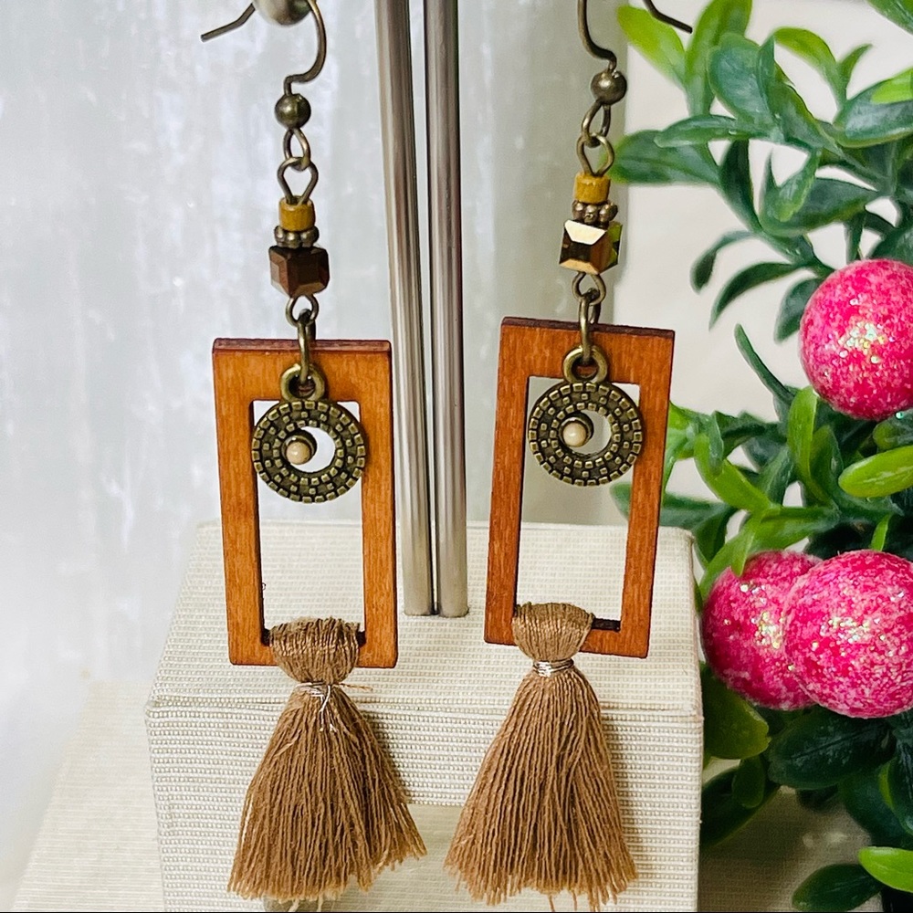 Wooden EARRINGS Open Rectangular hanging TASSEL earrings BOHO CHIC multi texture - Picture 3 of 6